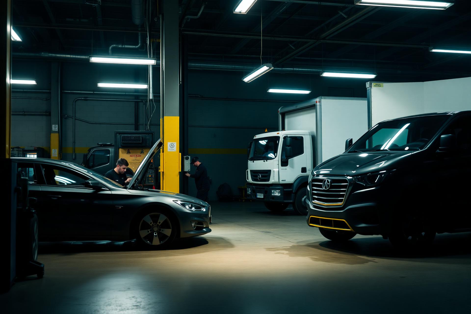 BR Brothers Auto shop with mechanics servicing a car and a box truck